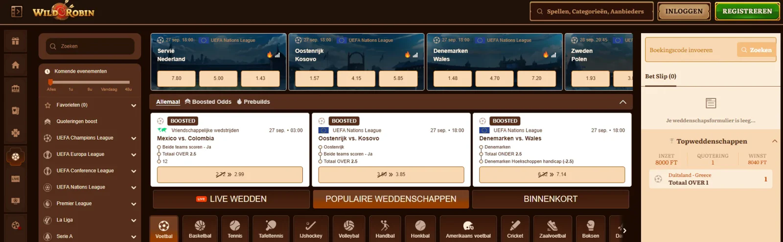 Sportweddenschappen bij WildRobin met live odds en verschillende sportcategorieën
